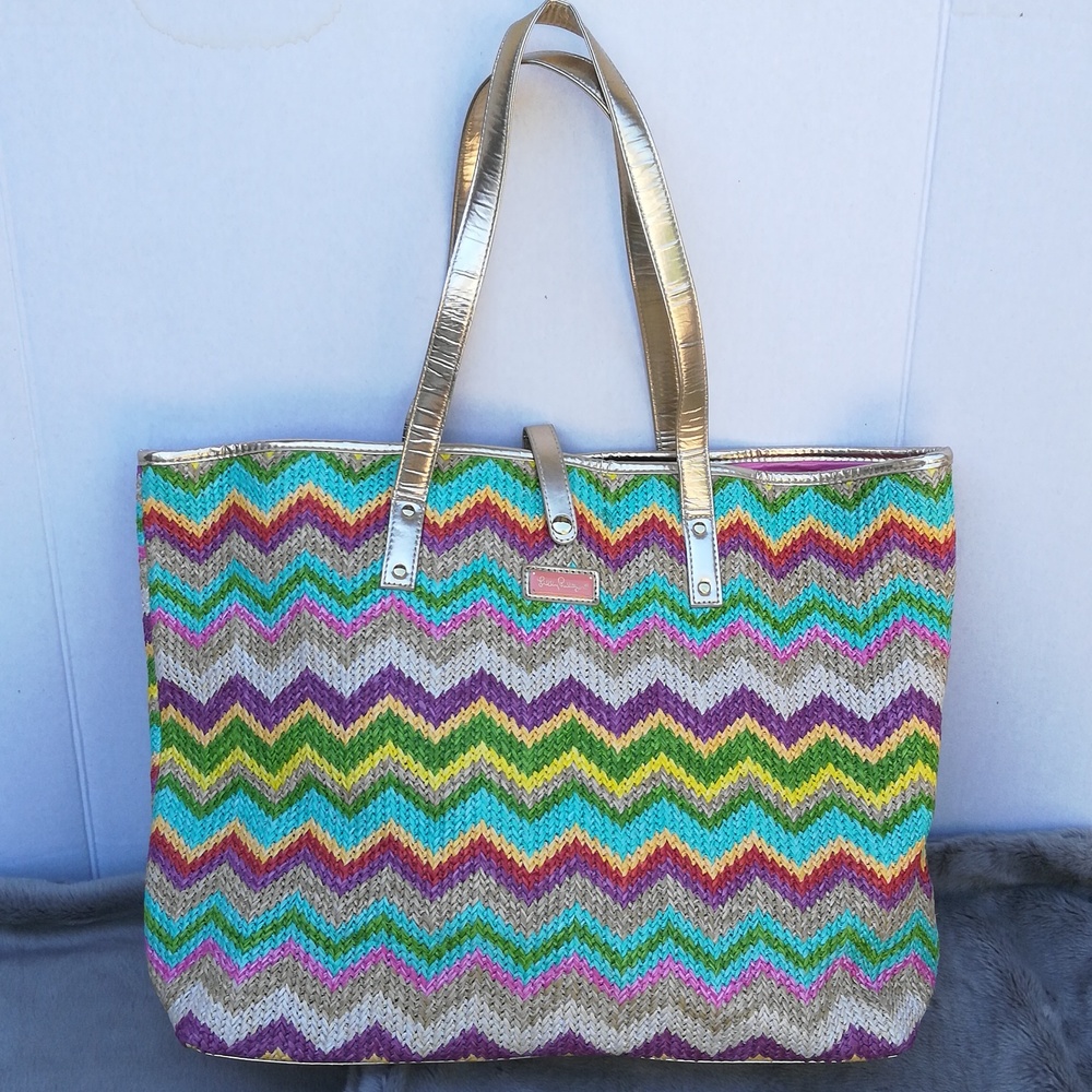 Lilly Pulitzer Multicolor Chevron Straw Tote with Metallic Gold Handles